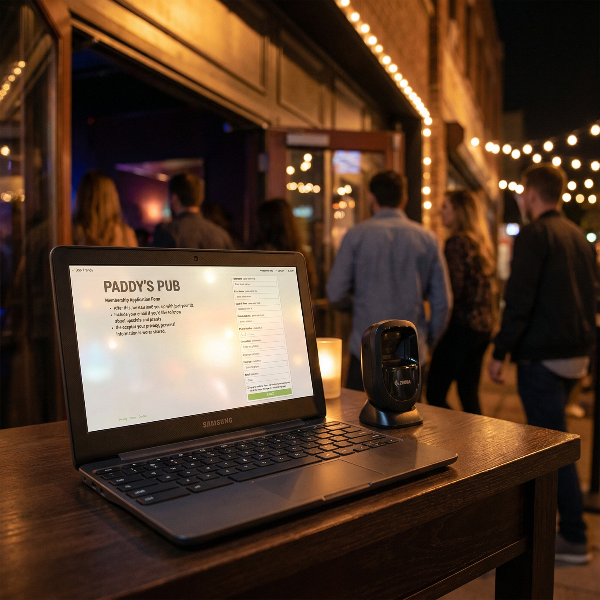 Nightclub check-in table with laptop and barcode scanner